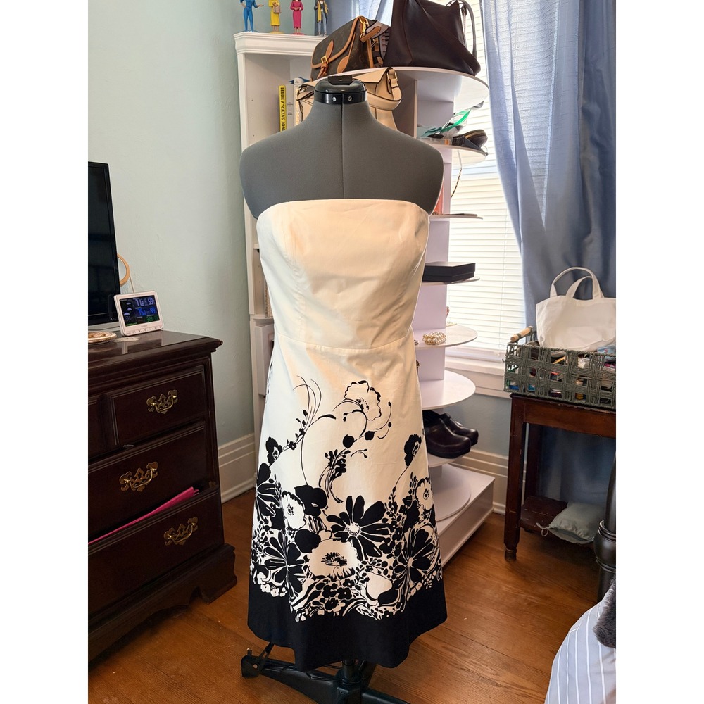Ann Taylor 12 Black White Floral Strapless Dress Cocktail Wedding Guest Bridal